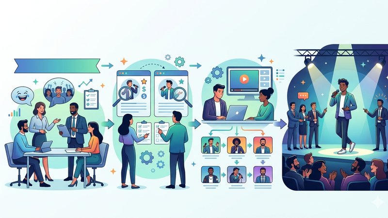 Иллюстрация процесса выбора стендап-комика для корпоративного мероприятия в современном минималистичном стиле для блога